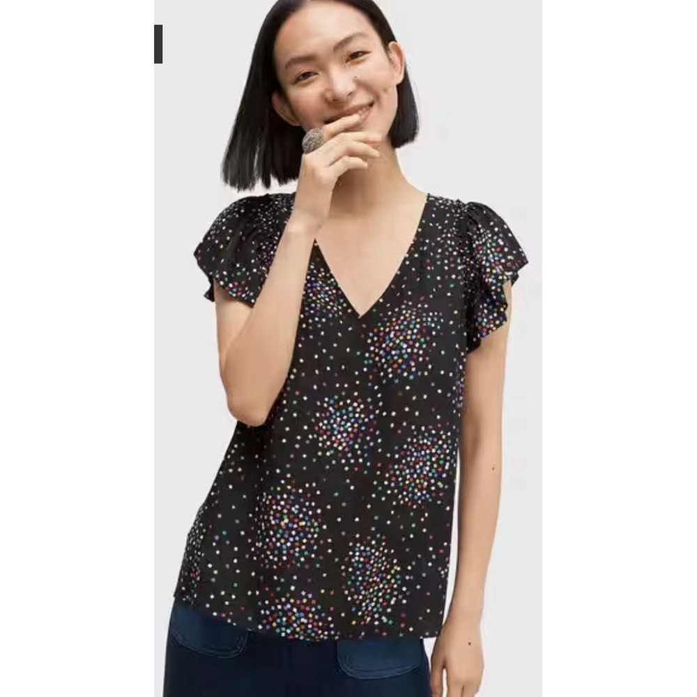 Kate Spade New York Women Black Confetti Cheer Blouse Size Medium Flutter Sleeve